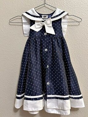 Good Lad Navy Blue Polka Dot Sailor Dress with White Bow